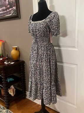Smocked Square-Neck Midi Dress in Blue Floral Print
